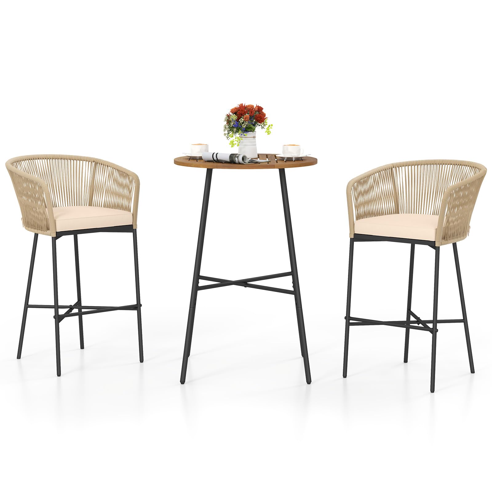 Tangkula 3 Pieces Rope Woven Patio Bar Set